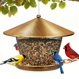 Samhe Metal Bird Feeder for Outdoor Hanging, Heavy Duty Waterproof Bird Feeder for Outside with 9.8" Roof, 3.5 LBs Seeds Capacity, Easy to Fill & Clean