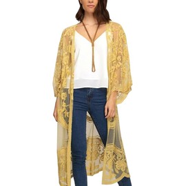 FaroDor Women's Long Flowy Lace Crochet Kimono Cardigan Boho Style Summer Beach Cover Ups Yellow
