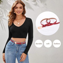 KONQUWA Women Leather Belt Casual Fashion Ladies Skinny Belt for Jeans Coats Pant Dress Waist Belt with Gold Buckle(Red/Gold Buckle,26″-32″)