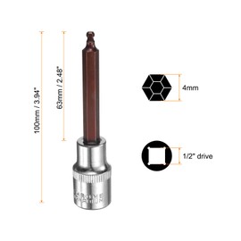 HARFINGTON 2pcs 4mm Ball End Hex Bit Socket 1/2" Square Drive Metric Extension Impact Bit Power Nut Driver Set S2 & CR-V Steel Socket Ratchet Wrench Bits