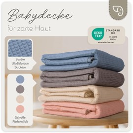 TSCHAMLER® Baby Waffle Pique Blanket - Fleece Oeko-Tex® Soft Cotton 80 x 100 cm Winter Cuddly Blanket Newborn Gift - Birth, Christening or Baby Shower - Blue - Gift Box