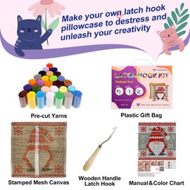 veirousa Colorful Cat Latch Hook Kits for Adults Kids Beginners Cute Animals Latch Hook Pillow Kit Pre-Printed Latch Hook Rug Kits Cross-Stitch Embroidery Cushion for Home Sofa Decoration 17x17 in.