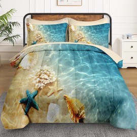WeCozy 7 Pcs Queen Size Comforter Set with 2 Pillowcases & 2 Shams, Summer Beach Seashell Bedding for Kids and Adults, Blue Ocean Sea Shell Bed in a Bag with Flat Fitted Sheet