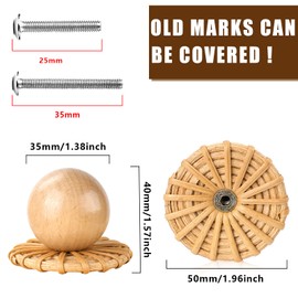 10 Pack Handwoven Rattan Dresser Knobs - Boho Style Beech Wood Pulls for Cabinets | 1.38" (35mm) Round Wooden Drawer Handles