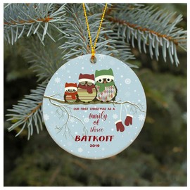 Rustic Christmas Ornaments Our First Christmas As A Family of Three Ornament 2019 Batkoff Gift Idea Rustic Holiday Ornaments Tree Gift Ideas Xmas 2019 Ceramic 3 Inches