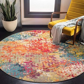 Safavieh Madison Collection MAD429C Boho Abstract Distressed Area Rug, 6'7" x 6'7" Round, Ivory / Multi