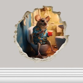 Vacation Mouse On Toilet in Mouse Hole - 3D Wall Sticker Decal, Cartoon Home Decor Vinyl Art, Bookcase, Laptop, Classroom, Kids Room, Bedroom, Children, Adorable