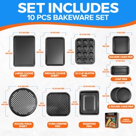 Emporio Kitchen Stackable Baking Pan Set - Nonstick Gray Coating, Carbon Steel Bakeware Sets, PFOA, PFOS, PTFE Free, Recipe Booklet Included, Oven Safe Tray (Up To 450° F), Set of 10 - Black
