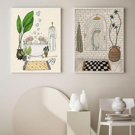 Cartoon Frog & Bathroom Pattern Unframed Painting, 2 Counts/set Modern Canvas Wall Art, Wall Decor for Home Living Room Bedroom - Specification: 40*60cm*2, pattern: bathroom