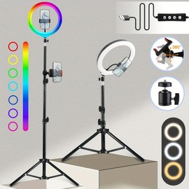 UEGOGO 10-inch RGB Ring Light With Adjustable Tripod Bracket And Mobile Phone Holder, Multi-color Mode Selfie Video Light, Photography Lighting For Selfie, Live Broadcast, Vlog