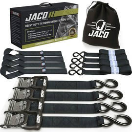 JACO Heavy Duty Ratchet Straps - 1.6 inch x 8 ft (Pack of 4) | Tie Down Kit with Soft Loops - 5,208 lbs (Black)