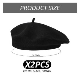 2 Pieces of Berets, Women's Berets, Women's Solid Color Winter Hats, Dome Painter's Hats, Fashionable Headwear, Suitable for Gatherings, Parties, Daily Wear (56-58cm) Black, Brown