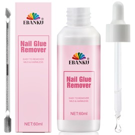 EBANKU 60ML Nail Glue Remover, Press On Nail Remover Quick Easy Removal, False Nails Adhesive Debonder with Cuticle Pusher, Non-Acetone Gentle Off for False Tips