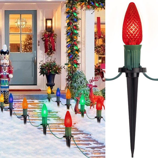 C9 Christmas Pathway Lights Outdoor, 25.7 Feet 20 LED C9 Strawberry Walkway Lights with Marker Stakes, Connectable Shatterproof C9 String Lights for Outside Yard Decorations, Multicolored, 2 Pack
