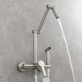 CGPOCMWGX Pot Filler Brass Hot and Cold Kitchen Mixer Tap, Wall Mount Rotating Folding Kitchen Faucet with Sprayer, Pull Out Two Hole Bidet Faucet,Black(Brushed Nickel)