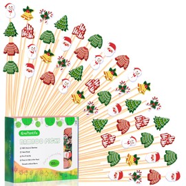 Christmas Cocktail Picks Toothpicks Fruit Dessert Sticks Food Sandwich Appetizer Charcuterie Skewers for Xmas Tree Snowman Bell Santa Claus Christmas Decorations Themed Party Supplies, 5", 100 Count