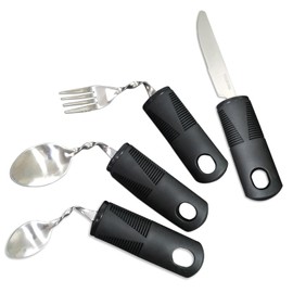 Disabled Aids Extra Wide Handles Easy Grip Cutlery Set - Cutlery for Disabled Hands with Bendable Design Ideal for Parkinson Elderly Disabled Arthritis Tremors Sufferers (Set of 4, Black)(Curved)