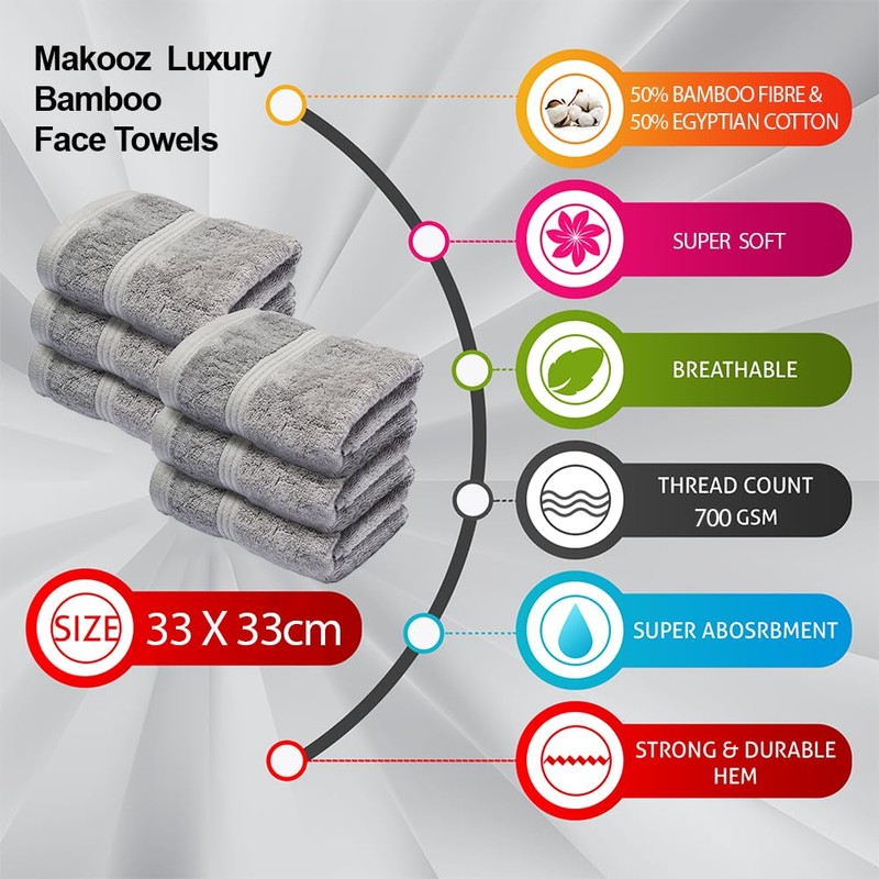 Makooz Luxurious Bamboo Face Flannels Pack of 6-700 GSM Thick