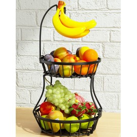 2-Tier Fruit Basket Bowl Stackable Vegetable Storage with Banana Tree Hanger Stand for Kitchen Countertop, Metal Wire Basket for Bread Onions Potatoes Black