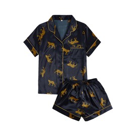 SweatyRocks Women's Short Sleeve Sleepwear Button Down Satin 2 Piece Pajama Set Black Leopard S