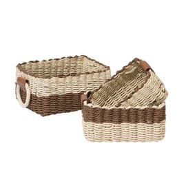 La Jolie Maison Small Beige and Chestnut Wicker Baskets Set of 3, Paper Rope Storage Baskets with Handle, Small Woven Baskets for Organizing, Decorative Cute Baskets for Gifts