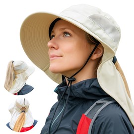 Womens Wide Brim Mesh Ponytail Sun Flap Hat XL XXL SPF UV Summer Golf Hiking Safari Fishing Extra Large Size 8 24" Beige