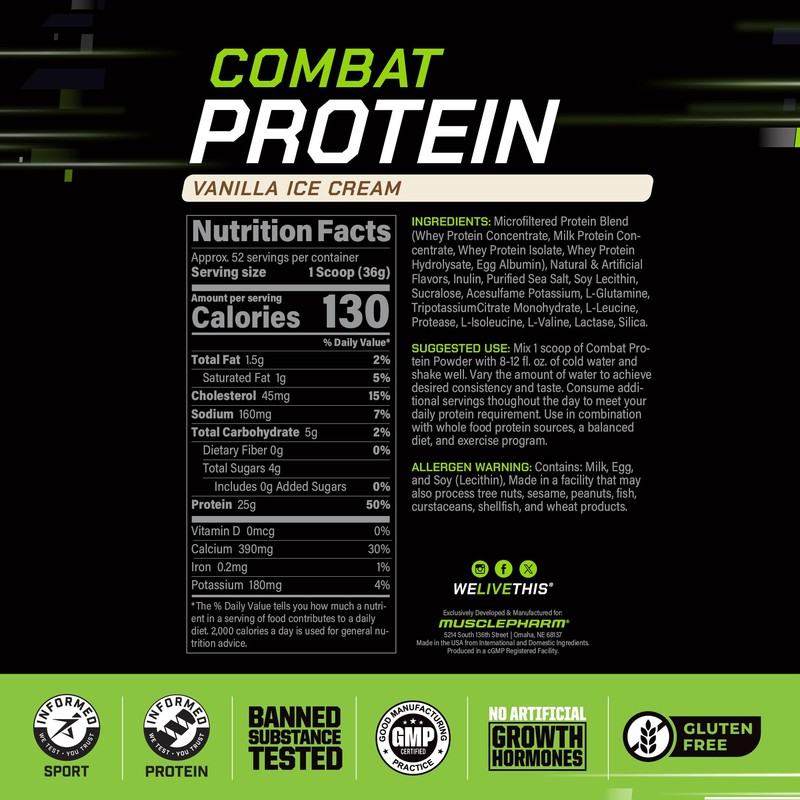 MusclePharm Combat Protein Powder, Vanilla Flavor, Fuels Muscles for Productive