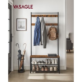 VASAGLE Coat Rack, Hall Tree with Shoe Storage Bench, Entryway Bench with Shoe Storage, 3-in-1, Steel Frame, for Entryway, 12.6 x 33.5 x 68.9 Inches, Industrial, Rustic Brown and Black UHSR401B01