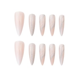 IMSOHOT 24Pcs Almond Press on Nails Long Glossy Stiletto Fake Nails Glitter Pink Nude Glue on Nails Full Cover False Nails for Women