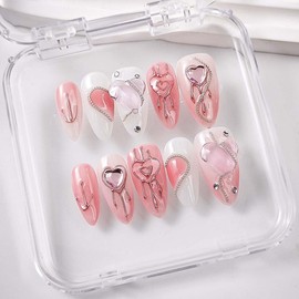 10Pcs Handmade Press On Nails Medium Almond Press On Nails Heart Rhinestone With 3D Metal Design Full Cover Acrylic False Nails Artificial Reusable Glue On Nail Stick On Nail For Women (SIZE:L)