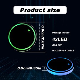 CmeRto 4pcs LED Car Cup Holders, Waterproof Cup Holder with 7 Colors Changing USB Charging Mat, LED Interior Atmosphere Lamp Decorations with 2pcs USB Cables for Car Truck Vehicle Accessories
