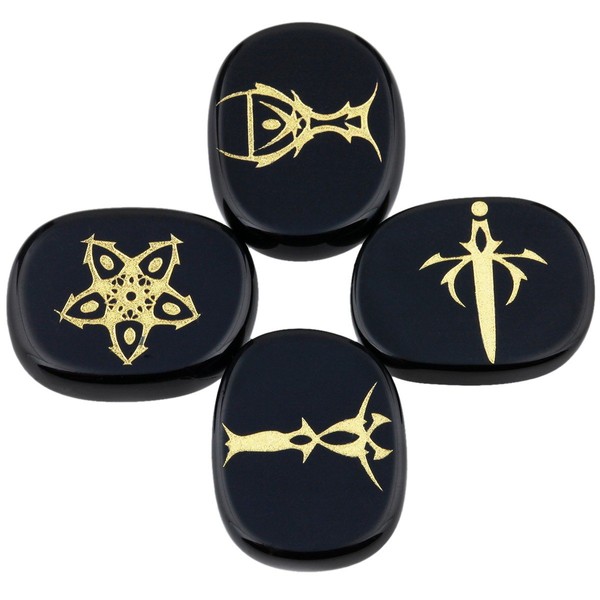 SUNYIK Engraved Tarot Symbol Stone Set of 4, Polished Flat Crystal Palm Stones Kit for Reiki Healing Balance and Meditation Divination, Black Obsidian