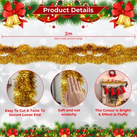 Trimming Shop 6.5ft/2m Gold Chunky Christmas Tinsel Garland Shiny Metallic Fine Foil Twist Xmas Tree Garland for Festive Party, Holiday Celebration, Indoor & Outdoor Hanging Decorations