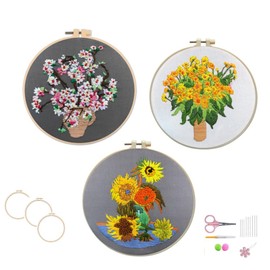 Egoshop 3 bordado de flores con patrón, 3 aros de bordado, flor de ciruela, flor de sol, kits de bordado de margaritas, trabajo de costura para principiantes y adultos (Flower6)