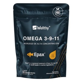 Wellthy Omega 3, 9, 11 Epax 90 Cpsulas. El aceite de pescado Noruego Epax es ultra concentrado en EPA 1000mg, DHA 400mg, Omega 9 180mg. Bottle Free.  