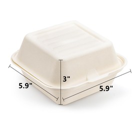 Peohud 100 Pack Compostable Clamshell Take Out Food Containers, 6 x 6 Inches Disposable To-Go Food Containers, Bagasse Bento Cake Box for Hamburger Sandwiches Chips
