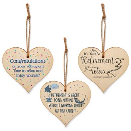 Set of 3 Hanging Decorations Wooden Hearts Retirement Colleague Gift | Doing Nothing Not Getting Caught | Time to Relax Enjoy