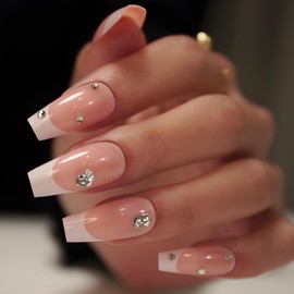 French Tips Press on Nails Medium Pink Fake Nails with Glitter Rhinestones Artificial False Nails Acrylic Full Cover Glue on Nails for Women