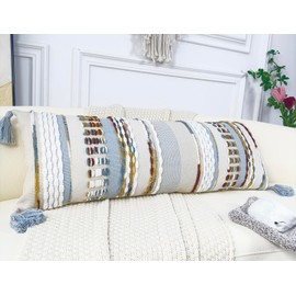 NUYECY Chenille and Cotton Long Pillow for Bed,Striped Textured Boho Long Lumbar Throw Pillow Cover 14x36,Neutral Accent Decorative Extra Long Body Pillow Case for Couch Sofa Bedroom,Light Blue