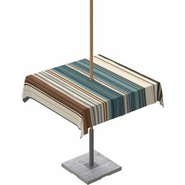 Teal Beige Brown Stripes Square Outdoor Tablecloth with Umbrella Hole and Zipper,Waterproof Modern Boho Aesthetic Table Cloth Cover,Vintage Farmhouse Table Protector for Patio Party Picnic 54"x54"