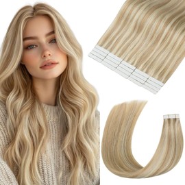 MEI YAUN LIN Tape in Hair Extensions Human Hair Dark Ash Blonde Highlighted with Golden Blonde Silky Straight Remy Hair Tape in Extensions 12 Inch PU weft 20pcs 30g yarn for Party