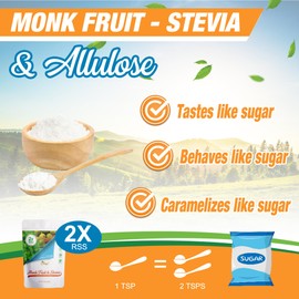 Monk Fruit–Stevia & Allulose All Purpose Sweetener – 2X Sugar Sweetness; Total Servings 1134; Zero Calorie Sweetener, Sugar-Free Substitute for Baking, Smoothies, Coffee; Low Carb Keto Diet Friendly | 5-LB