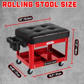 FREEKYROCK Rolling Mechanic Stool with Wheels, Garage Rolling Shop Stool with 2 Layer Repair Tools Tray, Padded 360°Swivel Automotive Roller Creeper Seat Shop Chair, Heavy Duty, 330 LBS Capacity, Red