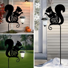 Metal Squirrel Garden Stake,Hokfirm,Solar Lights Outdoor Garden Solar-Powered with Lantern-Outdoor Waterproof Pathway and Garden Decorations (Black Squirrel)