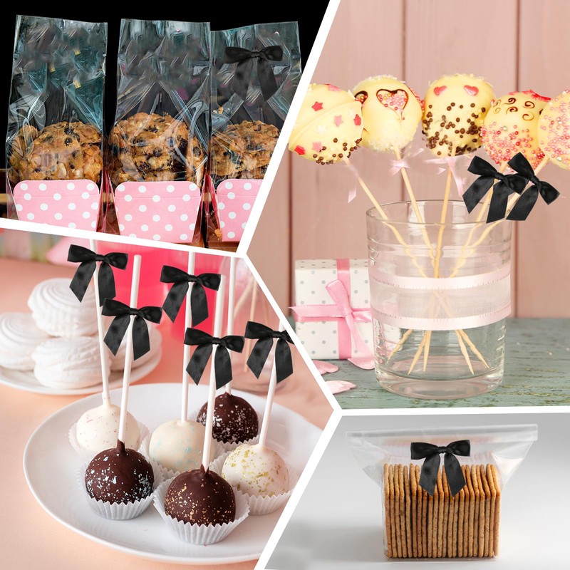 60pcs 3.5" Black Satin Ribbon Twist Tie Bows with 60pcs