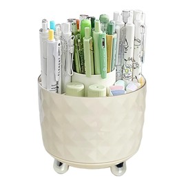GOTOBA 360° Rotating Pencil Holder for Desk, Makeup Brush Holder with 6 Slots, Desk Organizer for Writing Utensil, Office and School Supplies (Milky White)