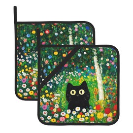 2 Pack Colorful Garden Cats Pot Holders,Heat Resistant Countertop Hot Pads with Hanging Loops,Cute Cats Potholder Set for Kitchen Baking Chef Barbeque,Square,8X8 inch