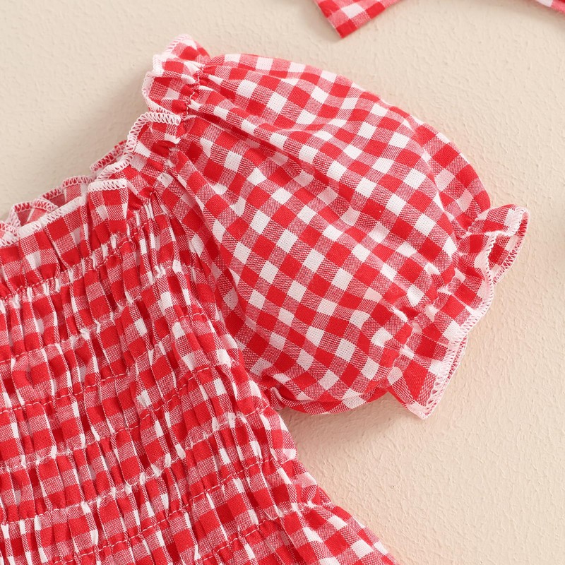 Newborn Baby Girl Summer Clothes Short Puff Sleeve Plaid Bubble