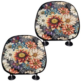 Bulopur Boho Floral Car Front Seat Headrest Covers Set of 2 Breathable Car Headrest Cover Elastic Seat Head Rest Cover Universal Most Vehicles