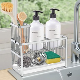 Sinnsally Sponge Holder for Kitchen Sink Organizer Caddy,2 Tier Dish Brush Scrubber Holder,Stainless Steel Sink Box Utensil Holder,Soap Dispenser Set Tray Counter Accessories & Storage Rack (Silver)